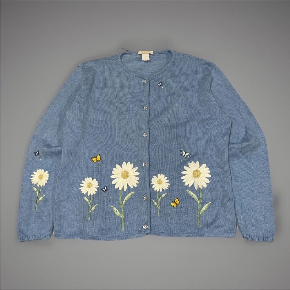 Tia Women Blue Knit Embroidered Butterfly White Daisy Flowers Cardigan Sweater M